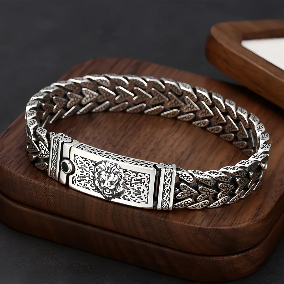 BOCAI New S925 Sterling Silver Charms Bangle for Men Antique Eternal Rattan Pattern Lion Head Bracelet Fine Choice Jewelry