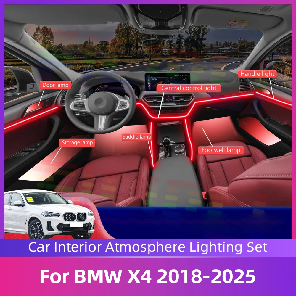 

Для BMW X4 G02 2018-2025 Автомобильные светодиодные внутренние окружающие освещение Комплекты акриловых полос для Enrich Driving Experience By APP Control 64 RGB