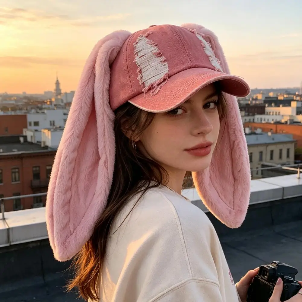 Lady Baseball Cap Baseball Cap with Bunny Ears Baseball Cap with Plush Rabbit Ears Washed Distressed Peaked Hat Long for Winter