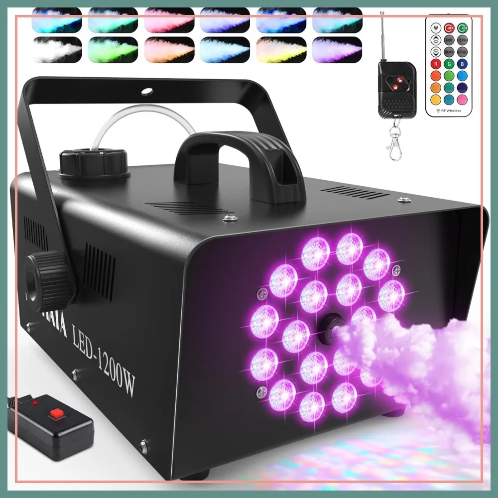 

1200W Fog Machine with 18 LED Lights & 6000CFM Fog Output, Wireless Remote Control for Wedding, Party, Stage Effects