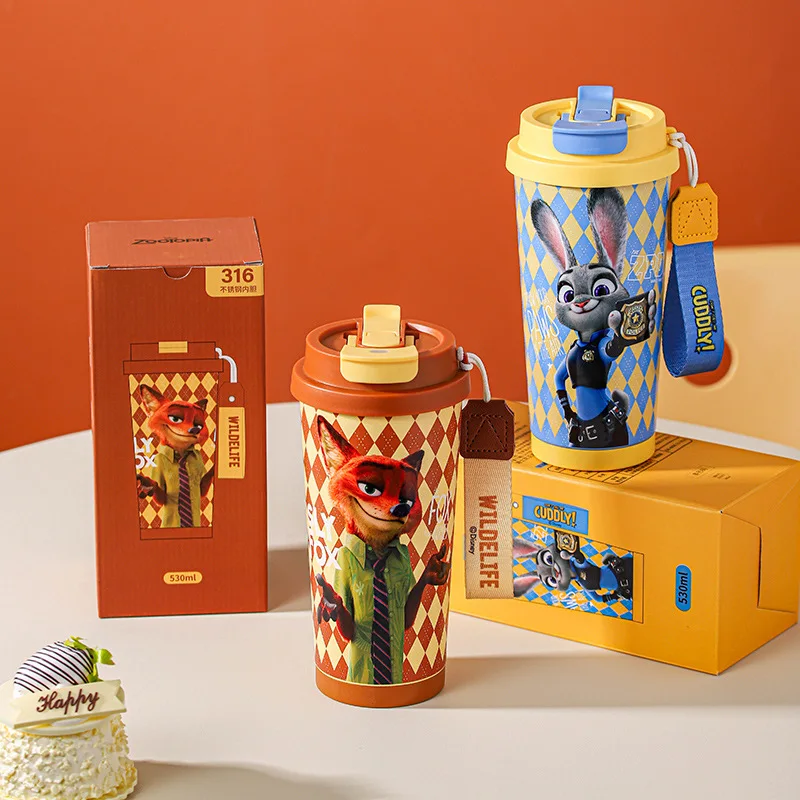 Disney Zootopia Cute Cartoon Judy Nick Double Drinking Vacuum Insulated Cup, 316 Stainless Steel Liner Coffee Water Cup 530ml