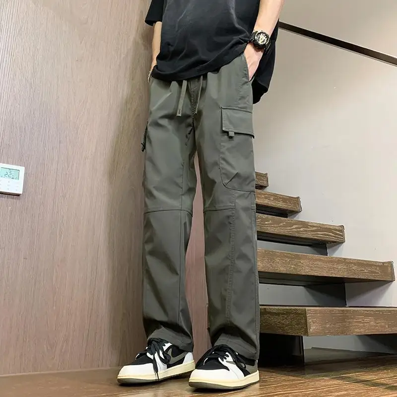 

American Vintage High Street Trend Summer New Straight Pants Men Solid Elastic Waist Pocket Casual Loose Wide Leg Cargo Trousers