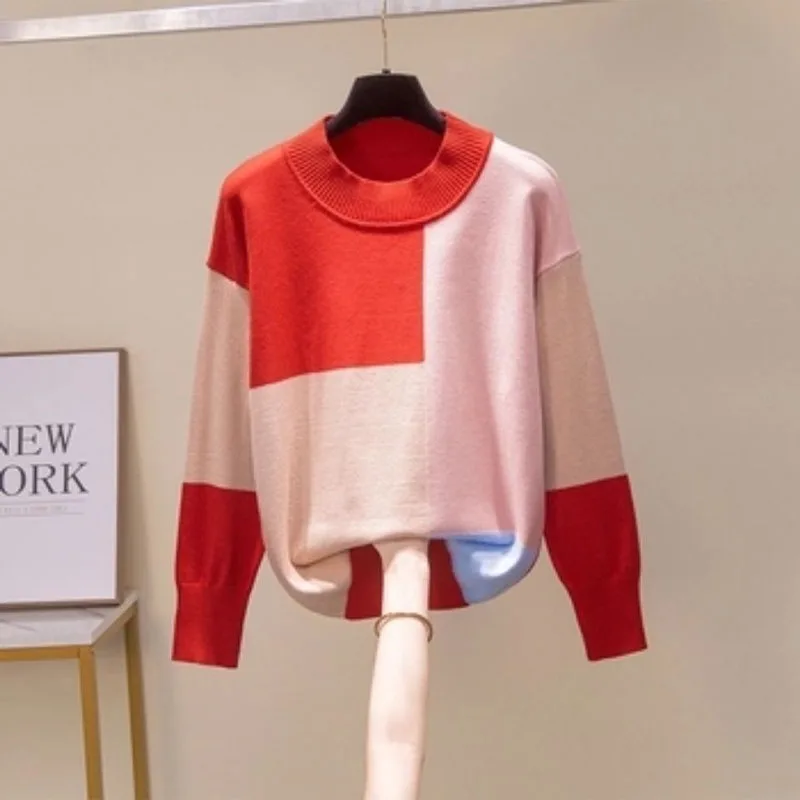 Fashion Color Blocking Long Sleeve Knitted Sweaters Female Autumn Winter Commute Casual Women's Round Neck All-match Jumpers