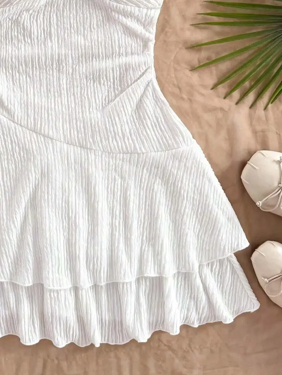 

White Backless Mini Dress With Neck Tie Ruched Hem Double Layer For Party Date Summer