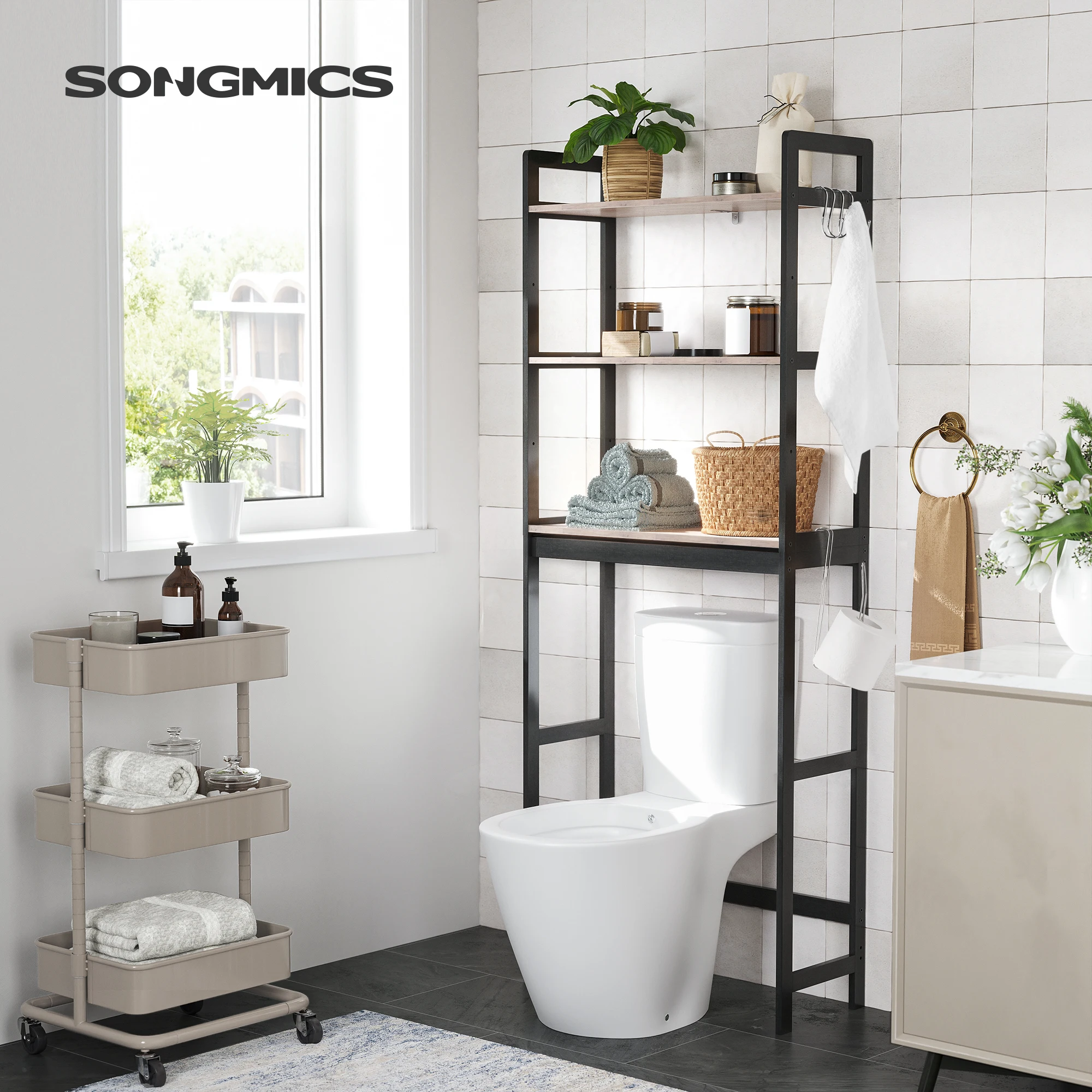 SONGMICS Over-The-Toilet Storage, 3-Tier Bathroom Organizer Over Toilet with Adjustable Shelves, Hooks, Bamboo