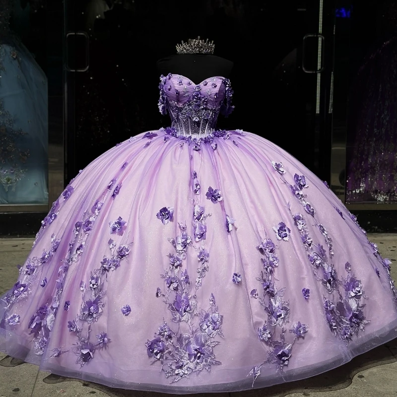 

Lavender Mexico Quinceanera Dresses Gown Ball For 16th Year Girls Floral Lace Up Sweet 16 Dress Party Prom Vestidos 15De XV Años