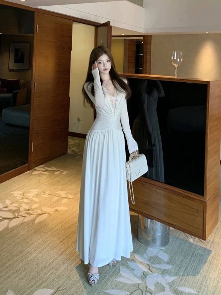 French Lace Panel Design Sheer White V-neck Dress Women's Elegant Slim-fit Ruched Long Dresses Autumn Party Evening Gown Robe
