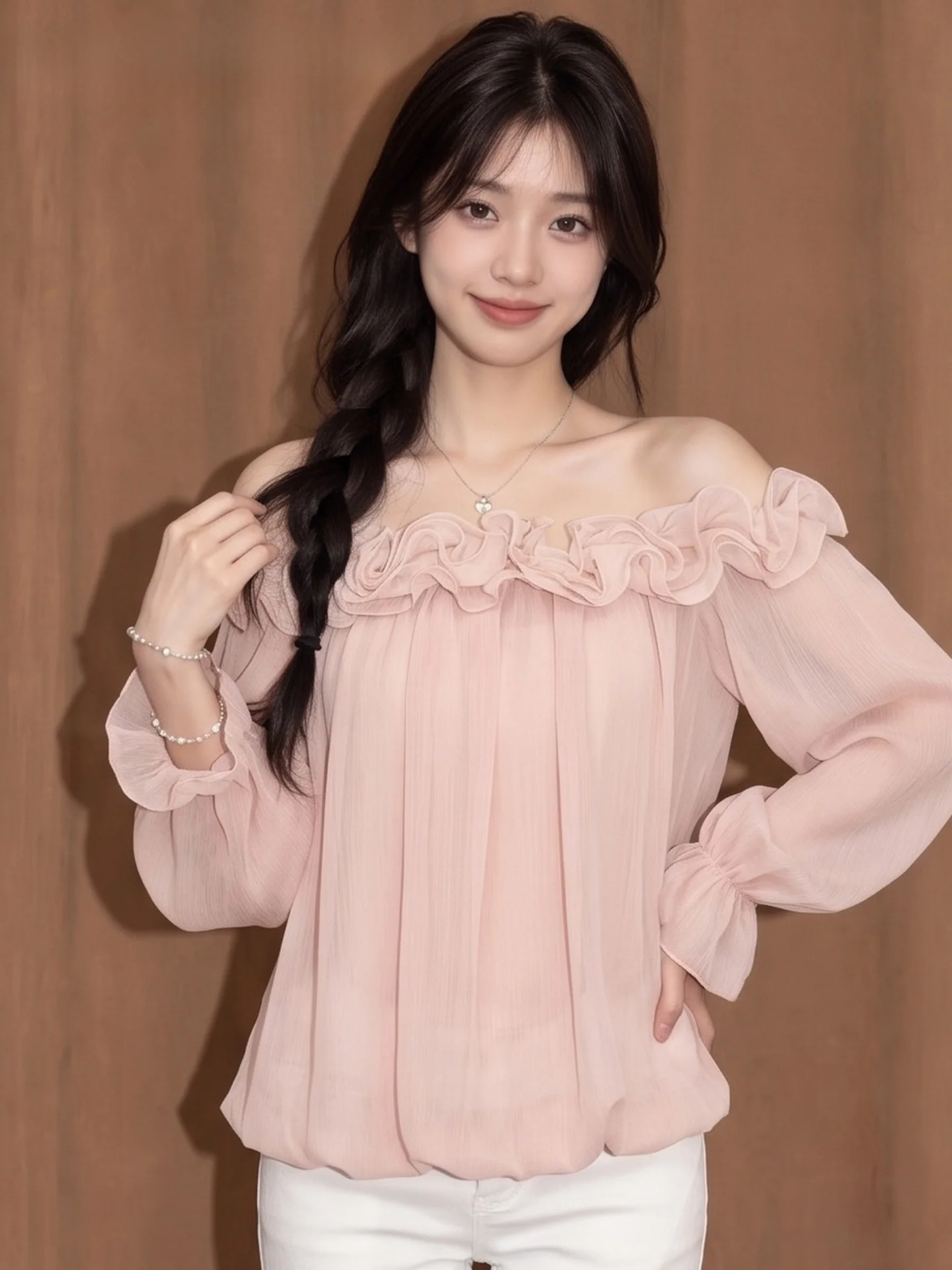 La Chapelle Sweet Loose Long Sleeve Women's Shirts Floral Lace Hem Korean Style Bell Sleeve Chiffon Top for Autumn