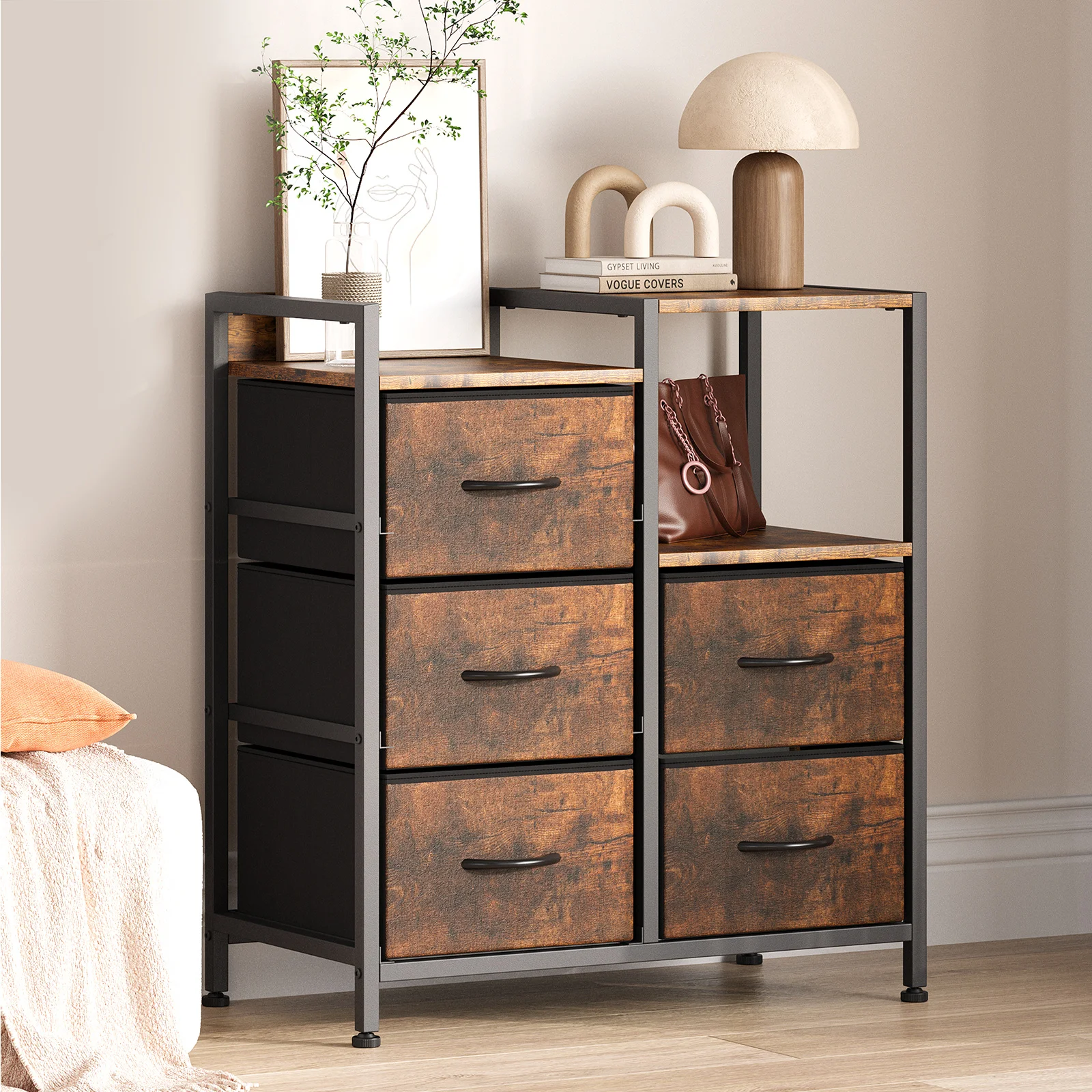 Kommode, Aufbewahrungseinheit mit 5 Stoffschubladen und offenem Ablagefach, für Schlafzimmer, Schrank, Flur, Wohnzimmer, 63 x 29 x 75 cm
