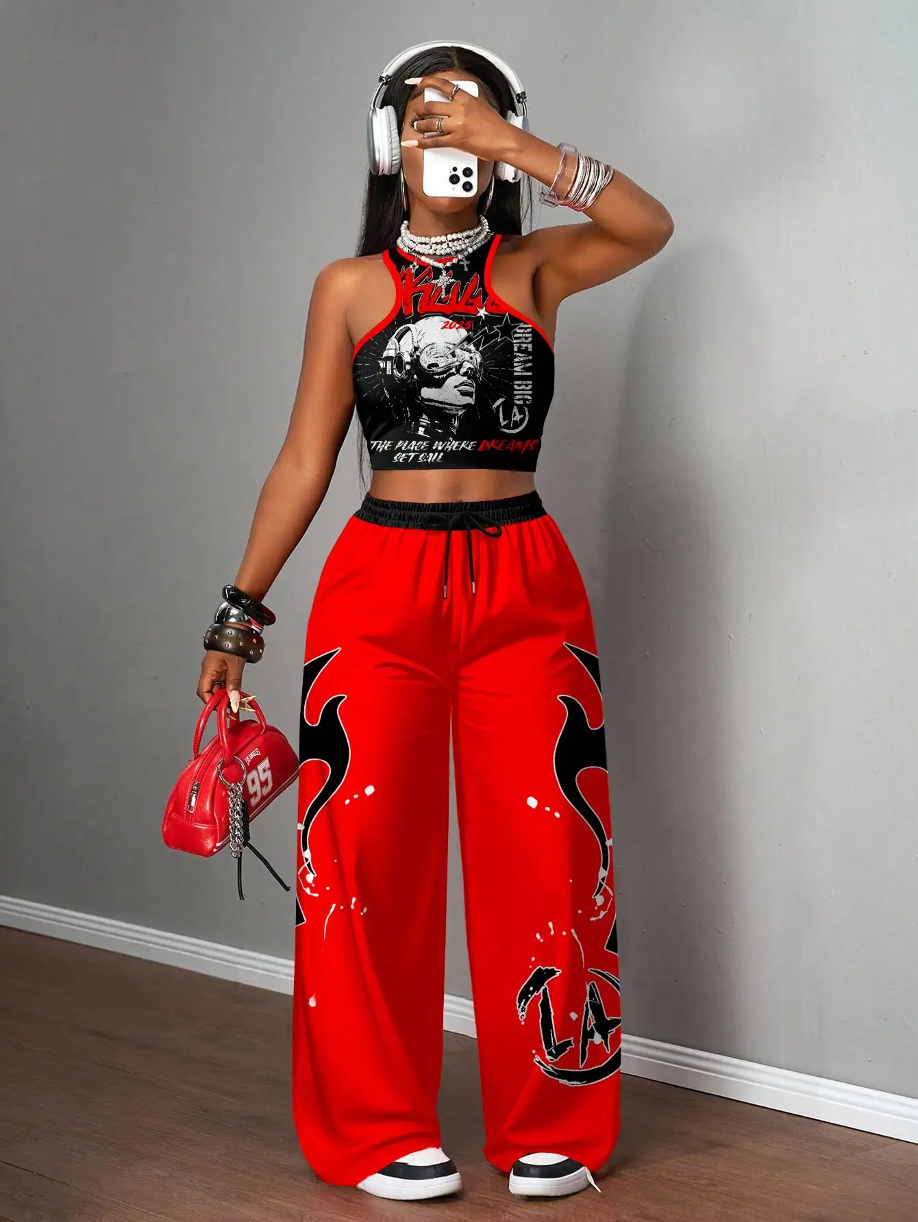 

Комплект из 2 предметов в стиле Y2K для женщин: укороченный топ с графическим принтом и широкие брюки с принтом пламени для хип-хопа, повседневной носки, к школе