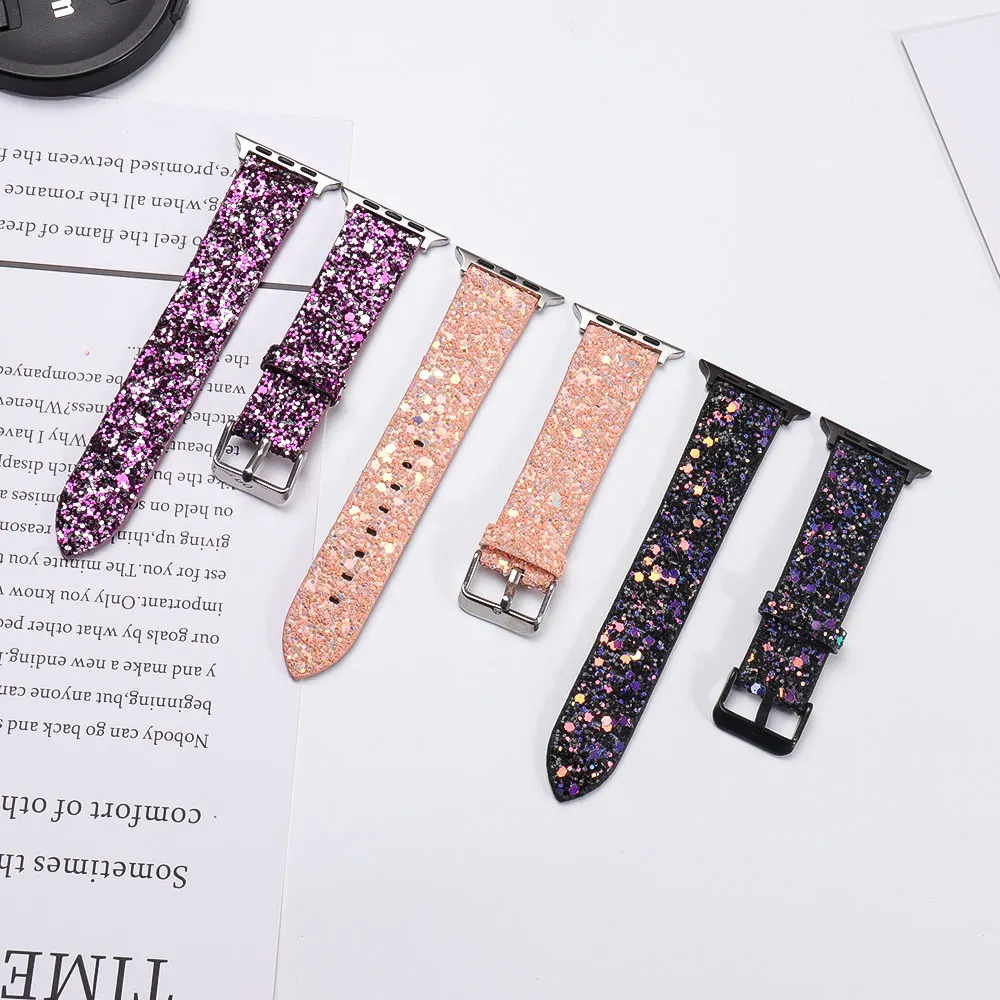 Leather Band for Apple Watch 38mm 40mm Women Bling Diamond 42 41mm 44 45mm 49mm Shiny Glitter Strap IWatch Series 8 7 6 5 4 3 2