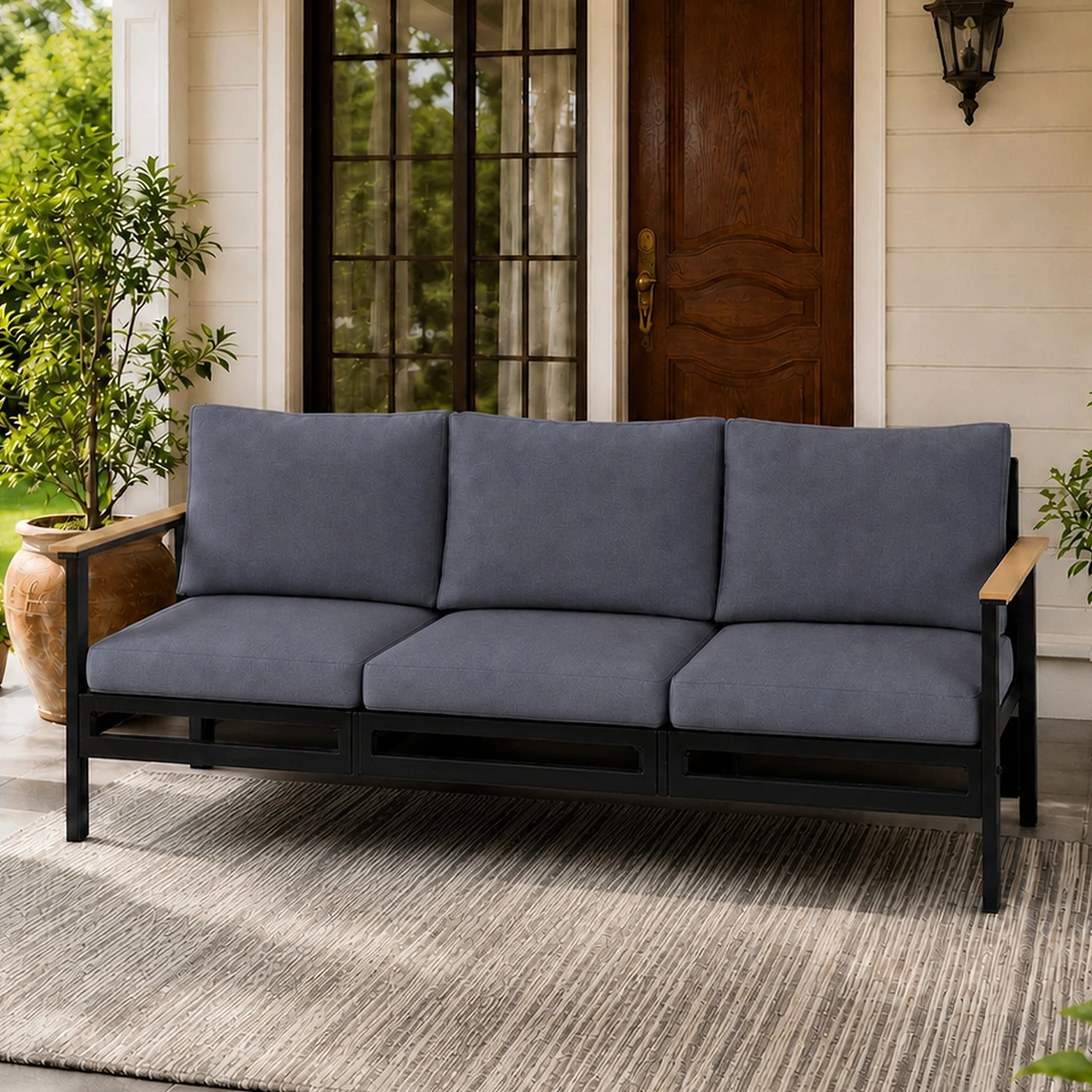 Outdoor Patio Furniture Set, 3-Seat Metal Patio Furniture Sofa with Armrest, Durable Outdoor Furniture Three-seat Couch, Outdoor Patio Furniture Set