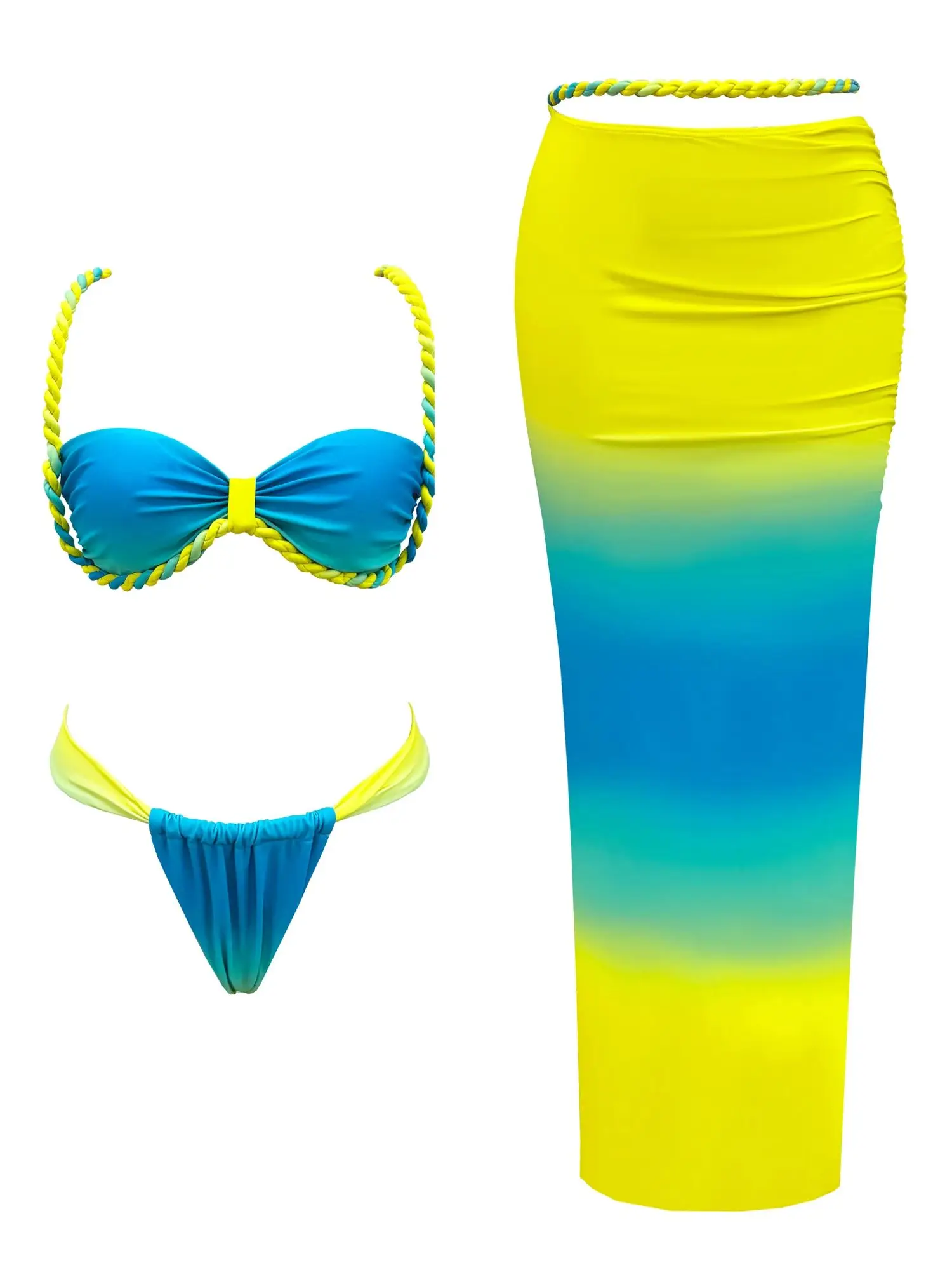 Traje de baño de bikini con aros y falda degradada, traje de baño trenzado de cintura alta para mujer, trajes de baño de 3 piezas, verano para mujer