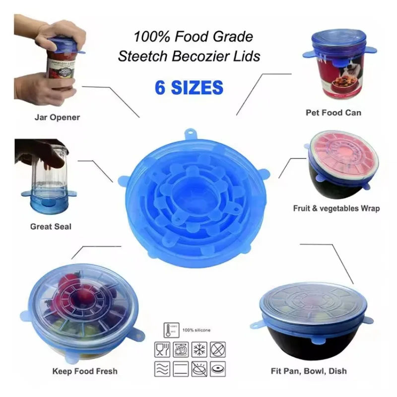 6Pcs/lot Food Adjustable Elastic Silicone Cover Cap Universal Expandable Lids for Cans Dishes Bowl Reusable Stretch Kitchen