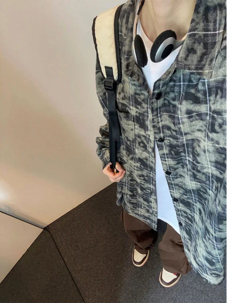 

Мужская рубашка в американском ретро-стиле с эффектом тай-дай, длинным рукавом, клетчатым узором, на пуговицах, для весны и осени, повседневная, классическая