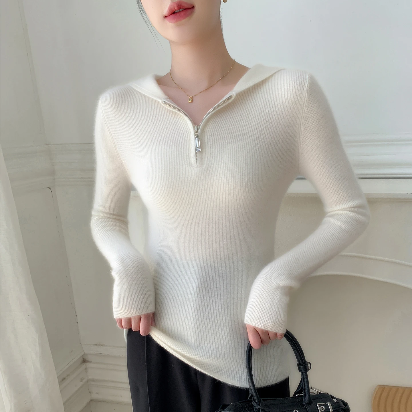 بلوفر نسائي 100% من الكشمير الخالص بنصف سحاب مفتوح سترة محبوكة بلون سادة غير رسمية بقصة ضيقة وياقة بقلنسوة سترة دافئة