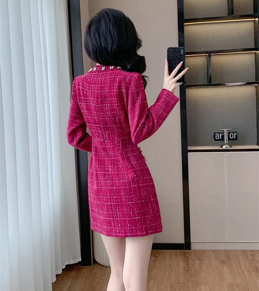 New High Quality Rose Red Plaid Tweed A Line Dress Fashion Women Autumn Pearls Beaded Tassel Long Sleeve Slim Bodycon Vestidos