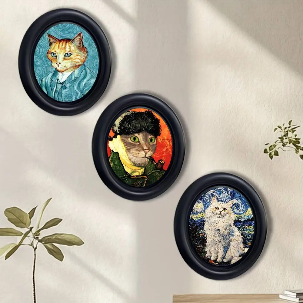 Famous Van Gogh-style artistic cat Wooden Elliptical Photo Frame, Perfect for Home & Holiday Decoration, Great Gift Choice