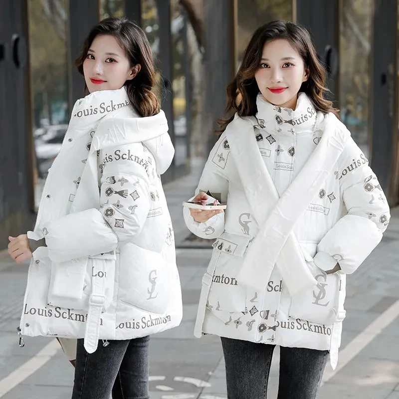 Down Cotton Coat Women 2023 Spring New Fashion Loose Casual Winter Jacket Female Large Size Hooded Letter Print Parkas Trend