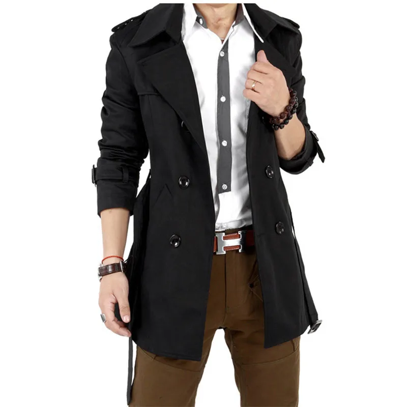 Men\'s Windbreaker Jacket Vintage Black Khaki Spring Autumn Business Trench Male Double Breasted Retro Classic Long Coat Thick