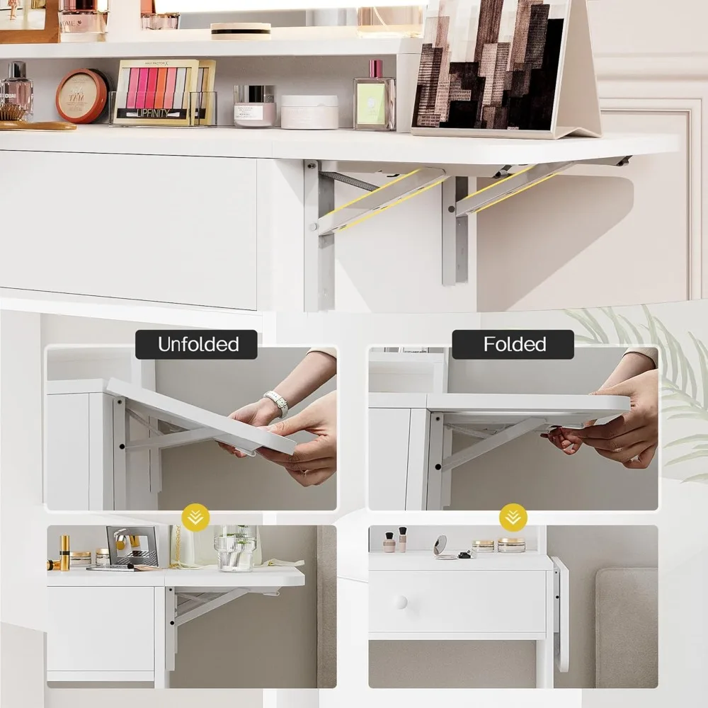 Piccola toeletta con specchio e luce, toeletta con stazione di ricarica, toeletta compatta con scatola portaoggetti