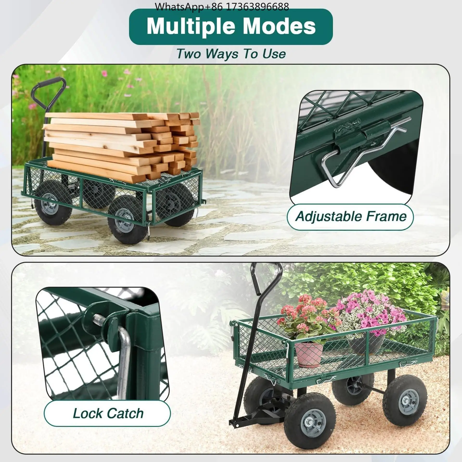 Heavy Duty Steel Mesh Yard Garden Outdoor Firewood Cart Utility Garden Tool Trolley Cart  Four Wheels Removable Sides