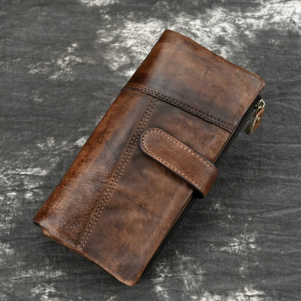 GAGACIA Vintage Ladies Cowhide Purse Oil Wax Long Multi-card Wallet For Male Genuine Leather For Women Color The Wallet By Hand