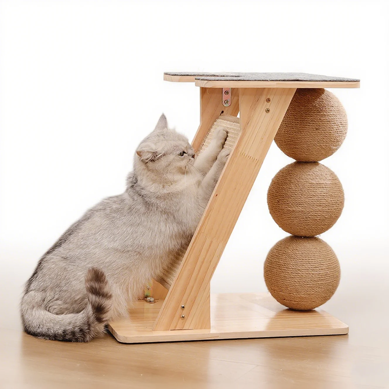 Modern Solid Wood Cat Tower with 3 Balls & Durable Sisal Scratching Board Eco-friendly Indoor Scratcher Toy in Carton Packaging