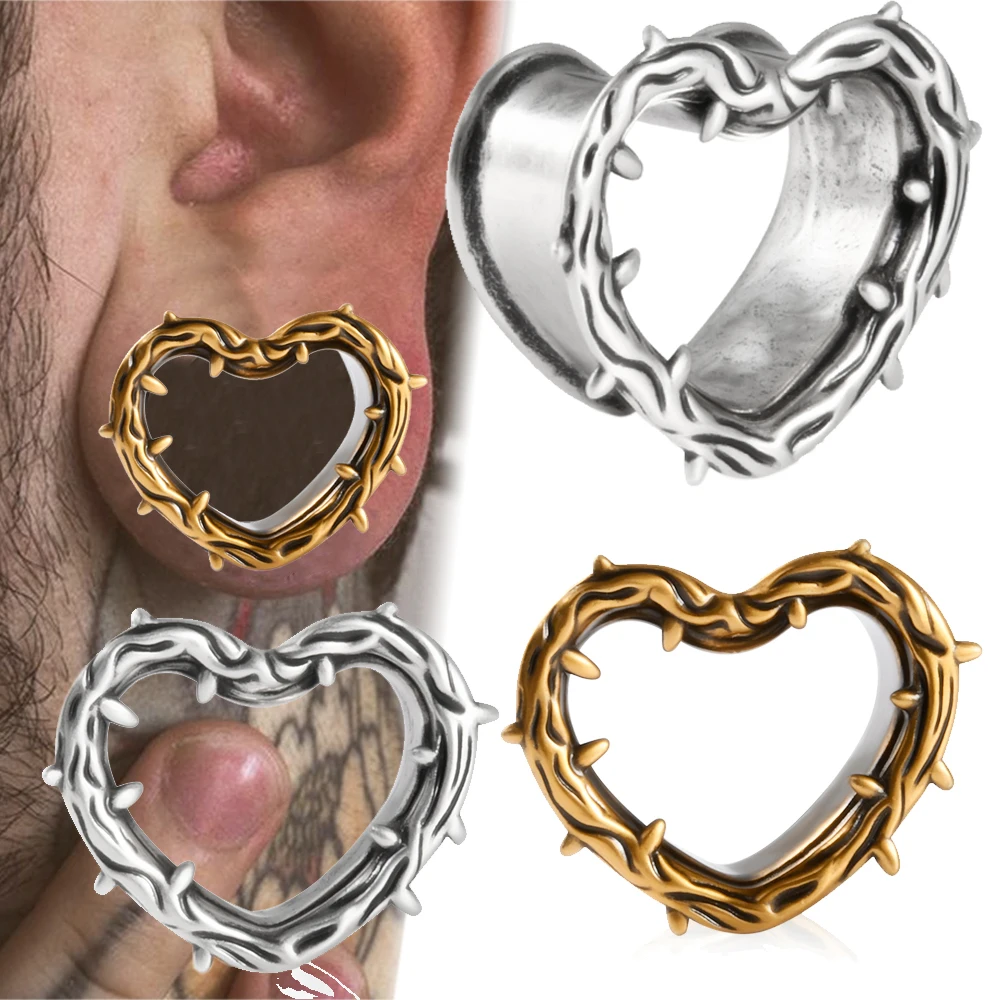 Copper Retro Thistles&Thorns Surround Heart Ear Plug Hollow Flared Threaddless Ear Tunnel Expansion Ear Gauge Strengther Earring