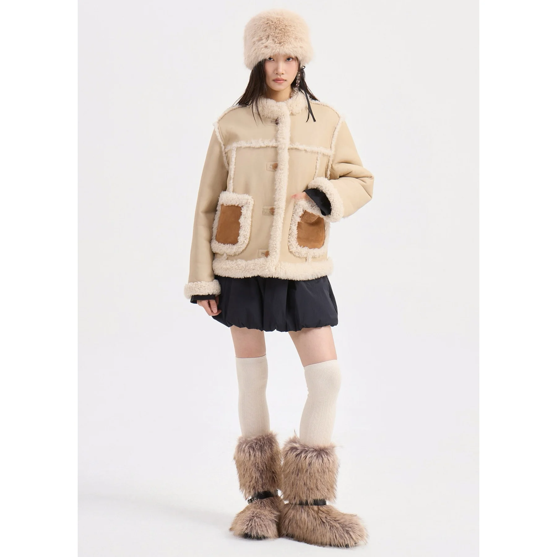 

Lemon Cheese LUC25 Winter Faion round Ne Lamb Fur Patchwork Warm Coat Ele Sle Women's ort Outerwear Commute Wind