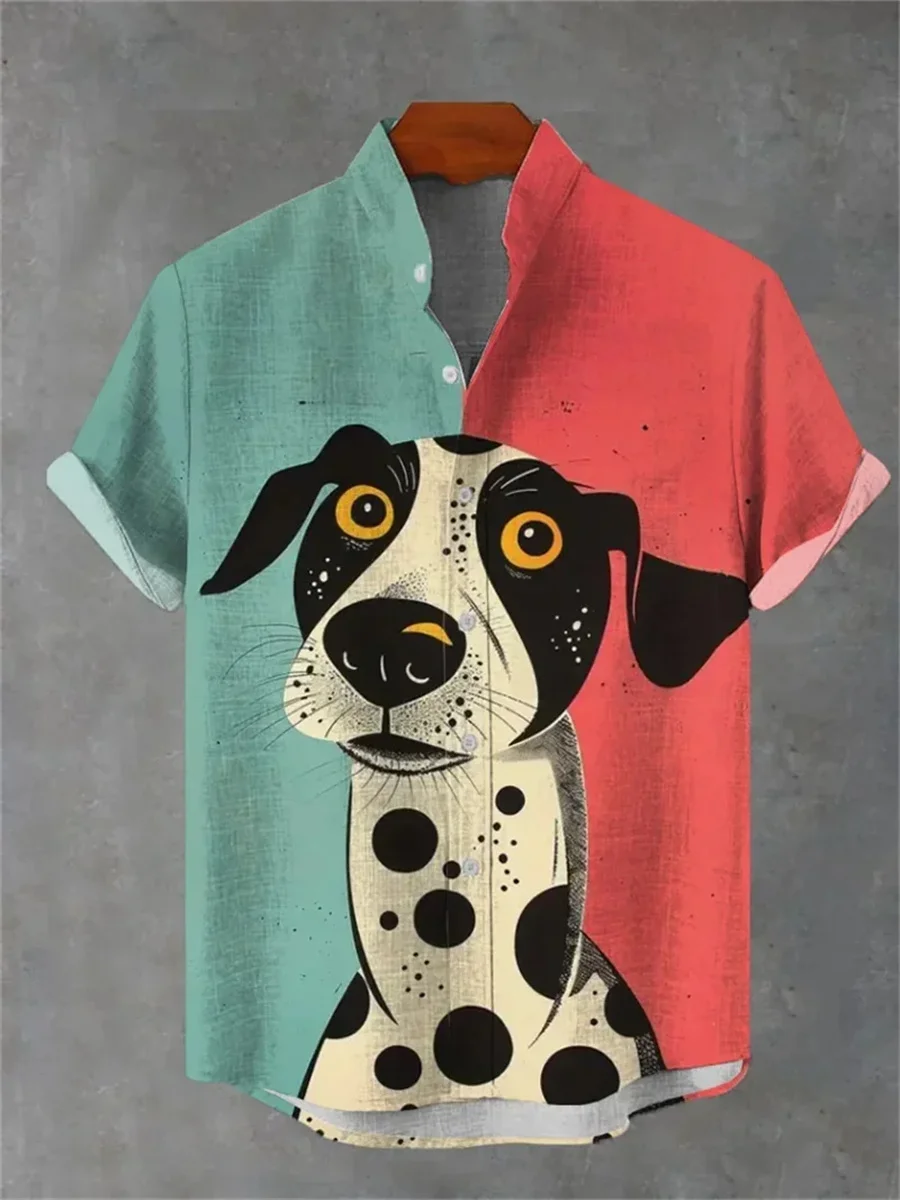 2025 new men's retro linen stand collar short-sleeved shirt, animal octopus pattern print, comfortable and casual men's tops