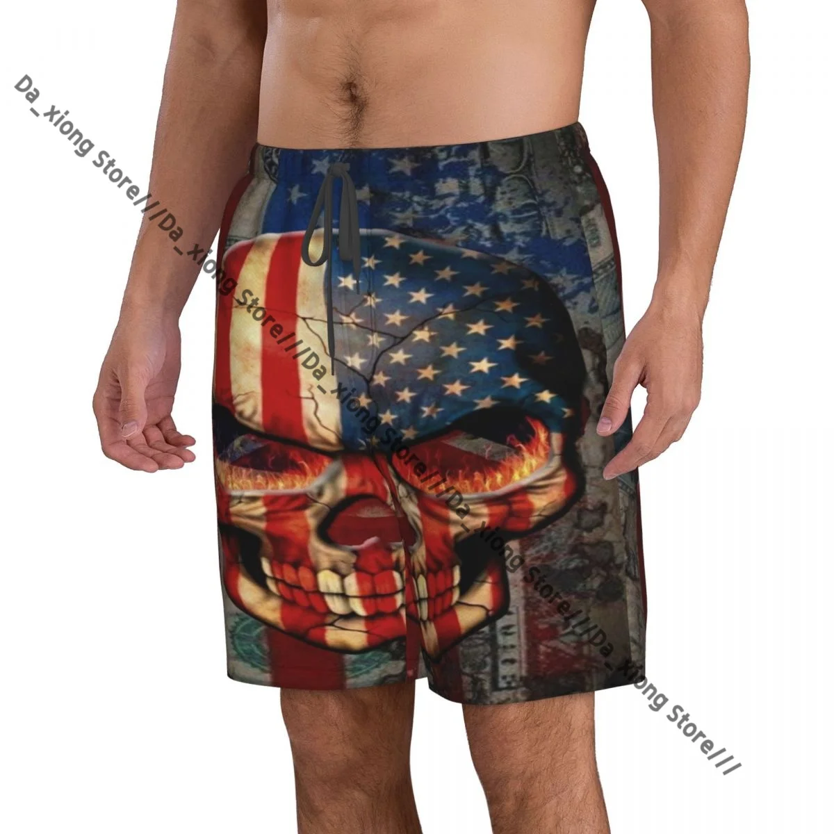 Man Swimwear Skull Bones American Flags Swim Shorts Trunks Beach Board Shorts Swimming Swimsuits