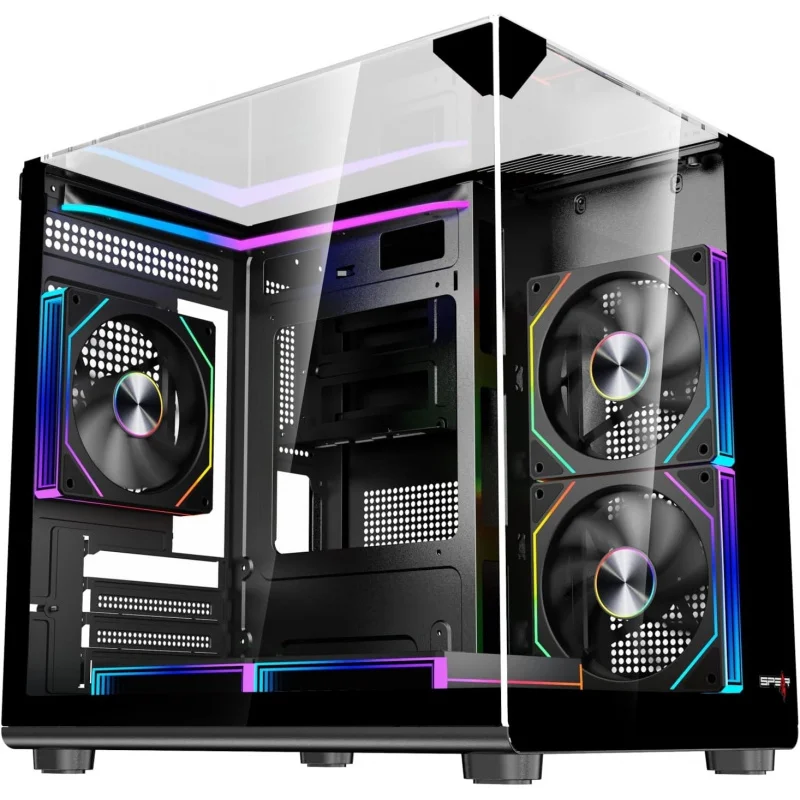 حافظة كمبيوتر متوسطة البرج - دعم M-ATX/ITX، تتضمن مراوح ARGB مقاس 5 × 120 مم، ومحور مروحة ARGB ذو 10 منافذ مع جهاز تحكم عن بعد، وUSB 3.0، ومبرد مياه 240 مم