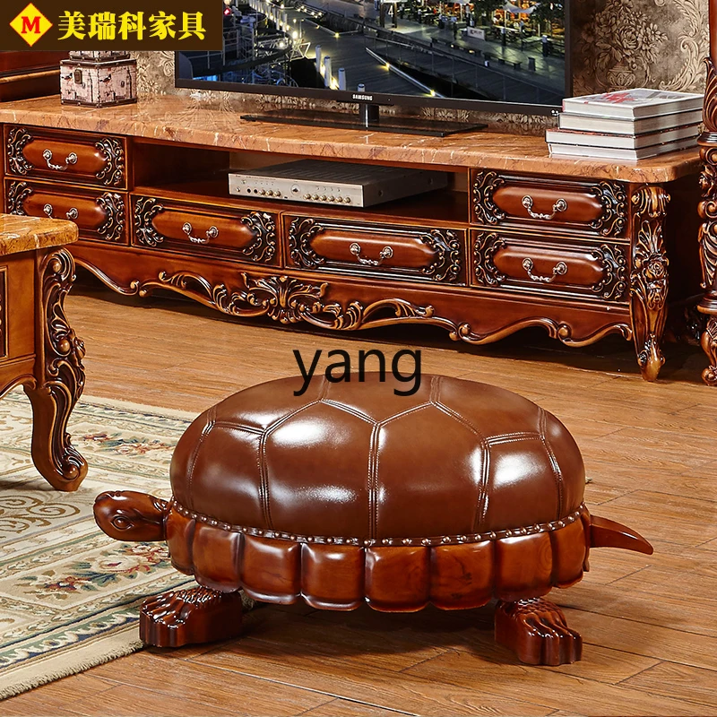 XYY leather turtle stool shoe changing stool lucky turtle stool full solid wood carving flower first layer cowhide