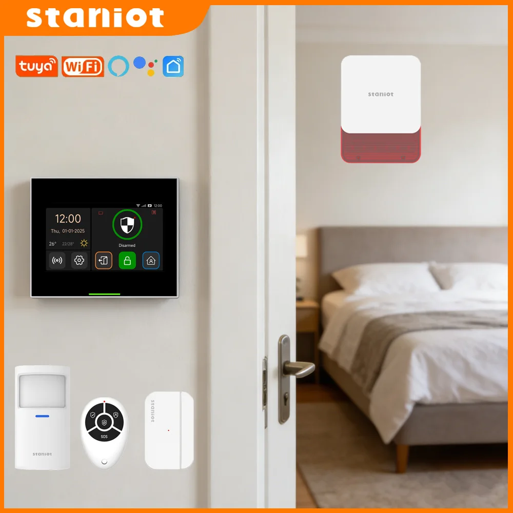 

Staniot Домашняя сигнализация Системы безопасности Wi-Fi версия Смарт-устройства Tuya 433 МГц Беспроводной пульт дистанционного управления Комплект противоугонной охранной сигнализации