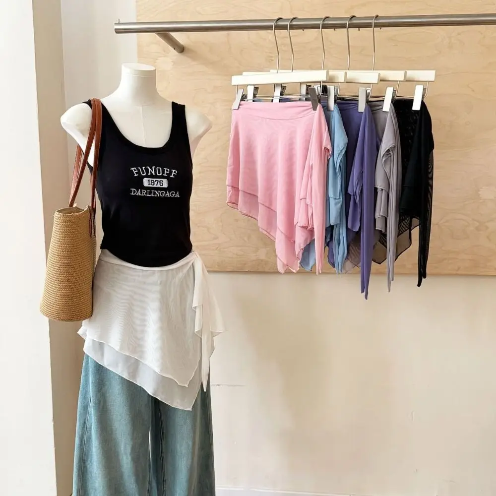 Layer Mesh Double Layer Apron Skirt Breathable Adjustable Tie Hip Cover Skirt Double Layer Casual Yoga Wrap Skirt Women