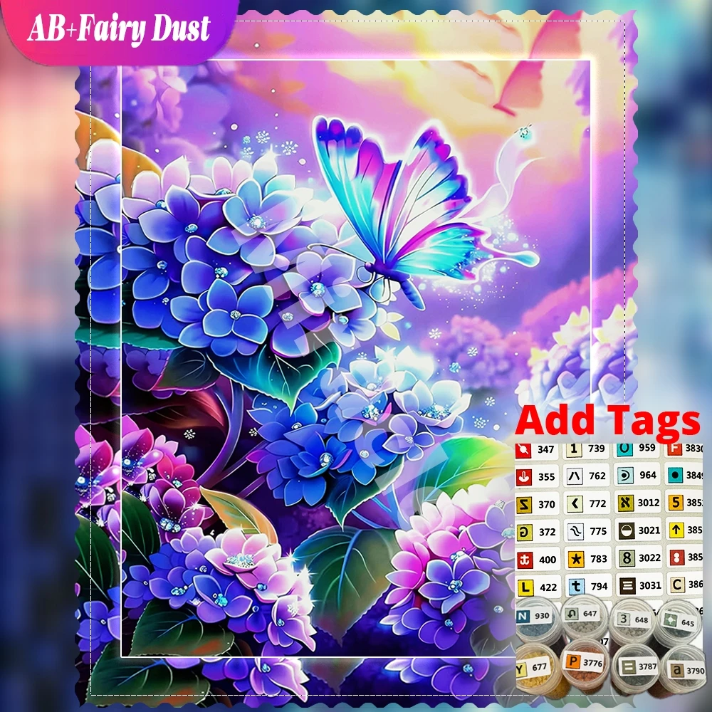 AB Fairy Dust Full Square Round Diamond Painting Flower Romantic blue hydrangeas butterfly Mosaic Embroidery Gift