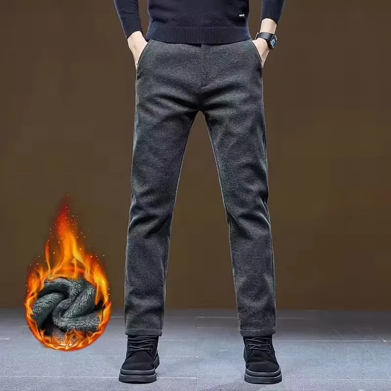 Pantaloni casual spessi in pile invernale Pantaloni classici versatili slim fit da lavoro da uomo Pantaloni da lavaggio per abbigliamento formale a media elasticità