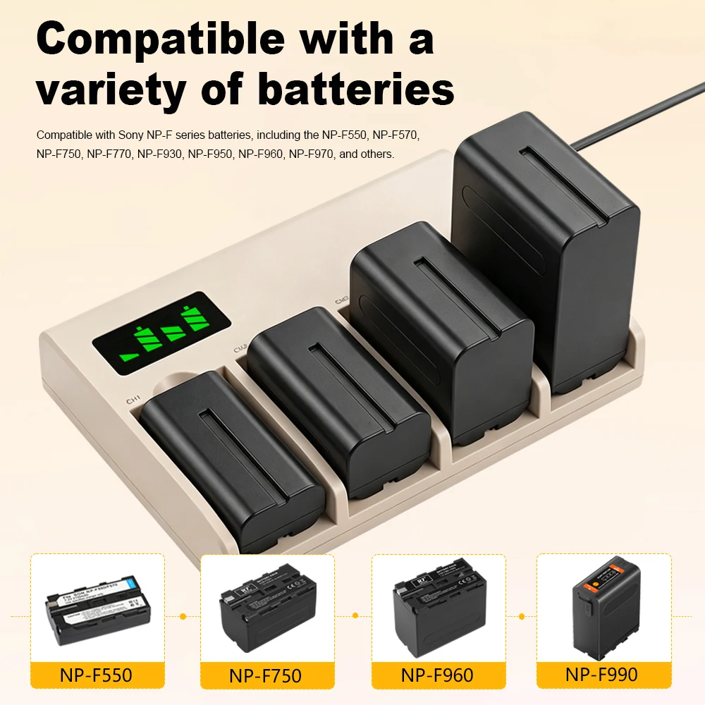 NPF Battery Charger, 4-Slot Fast Charging  NP-F Battery Charger for Sony NP-F970, F960, F950, F930, NP-F770, F750, NP-F570, F55