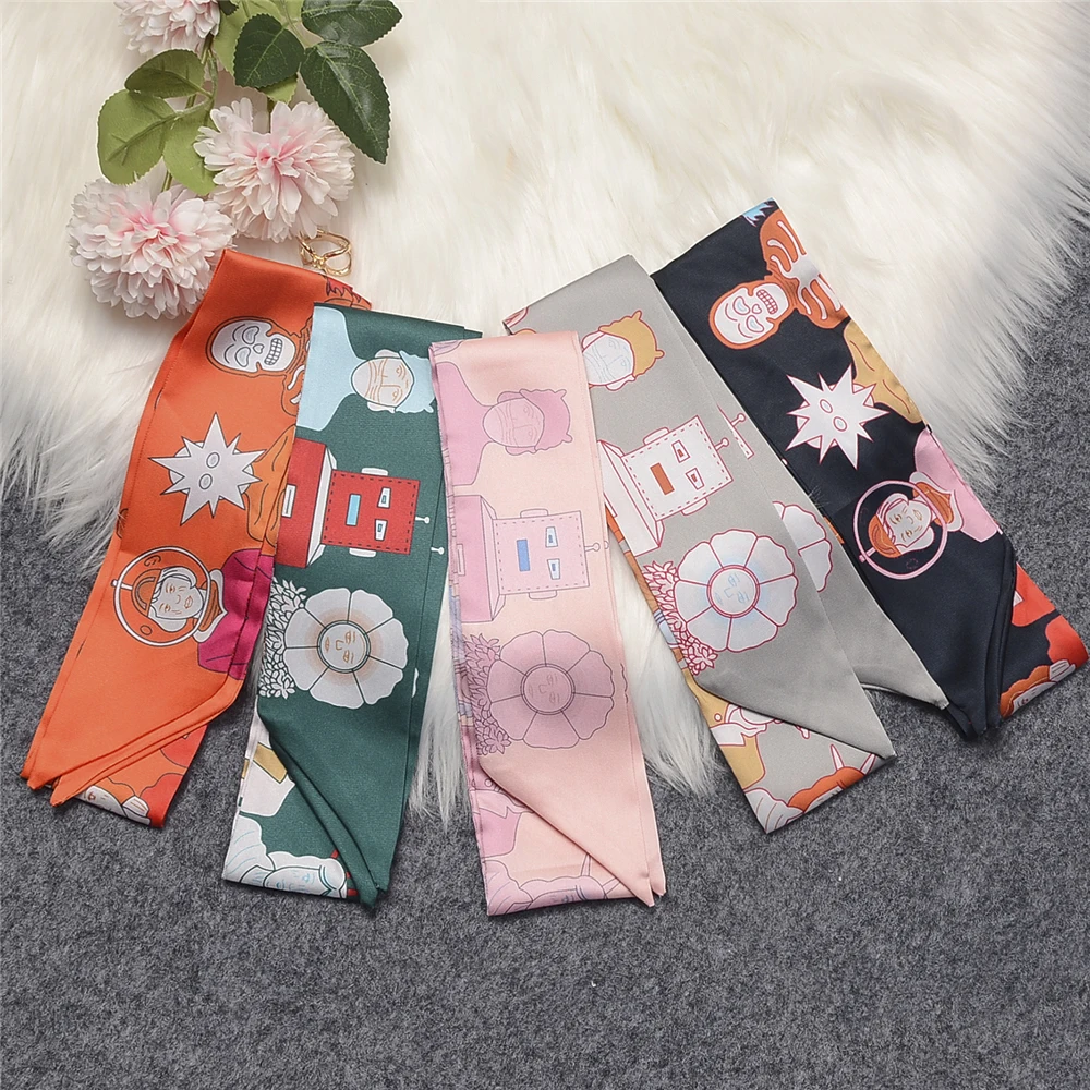 Cartoon Characters Summer Scarf 2024 Brand Design Women Skinny Bag Scarves Hair Band Neck Silk Scarf Ladies Foulard Headband