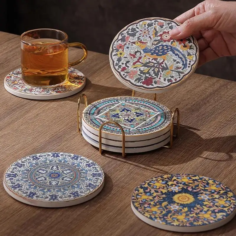 1pc Vintage Ceramic Heat Insulating Mat Heat Resistant Coasters 10cm New Chinese Style Dinner Mat for Bar, Office, Home Decor