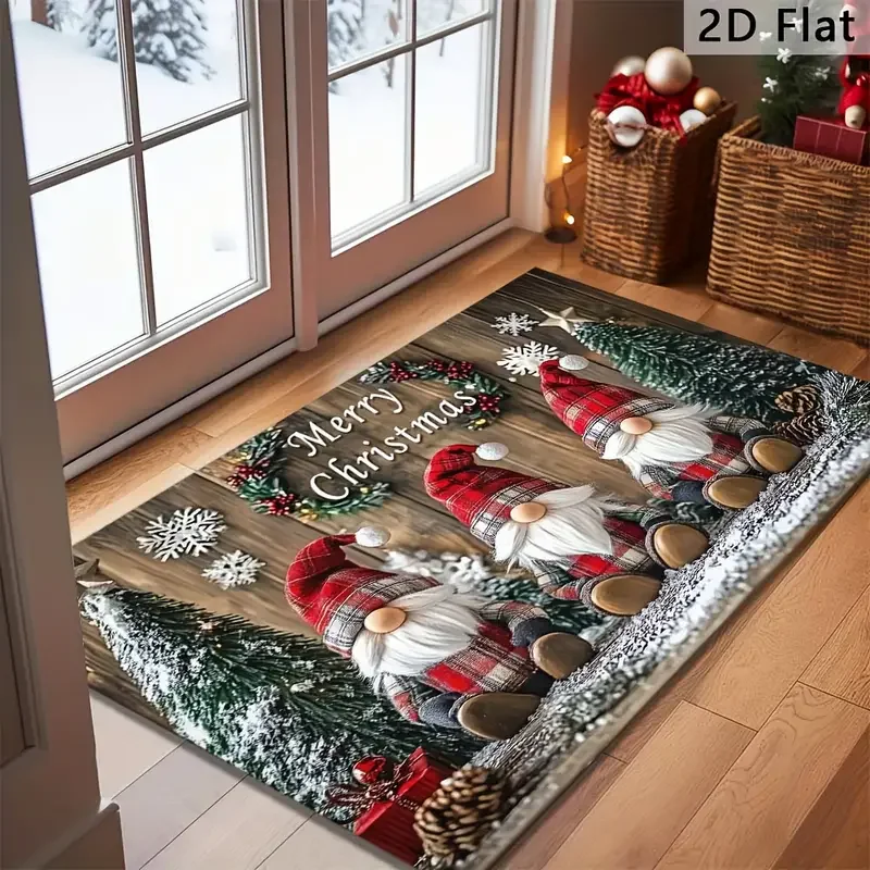 VIKAMA Christmas Door Mat Wood Plaid Gnome Tomte Wreath Snowflakes Merry Xmas Front Welcome Mat Indoor Christmas Holiday Decor