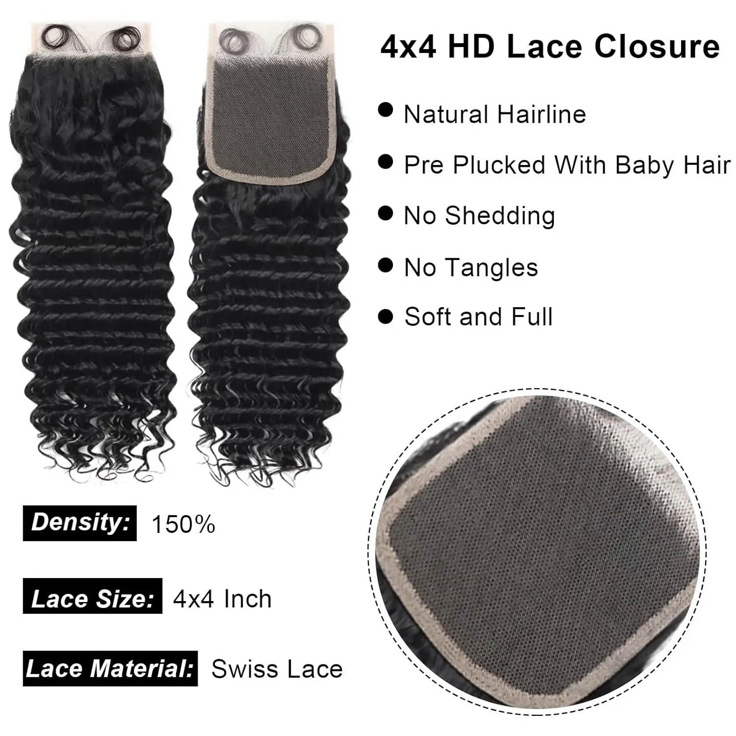 Пучки глубоких волн с застежкой Человеческие волосы (22 24 26 + 20 застежек) 3 пучка 4x4 Кружевная застежка с детскими волосами Естественный цвет