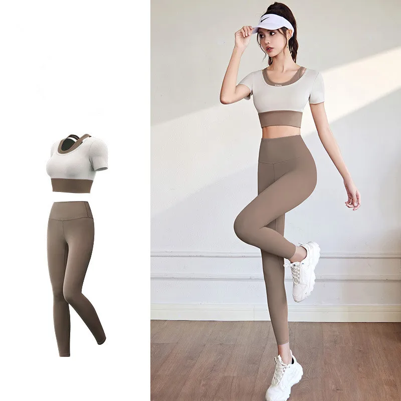 Autumn Elastic Fitness Sports 2 Piece Set Seamless Yoga Suit Women Short Sleeve Crop Top Gym Running Leggings Workout Sportswear