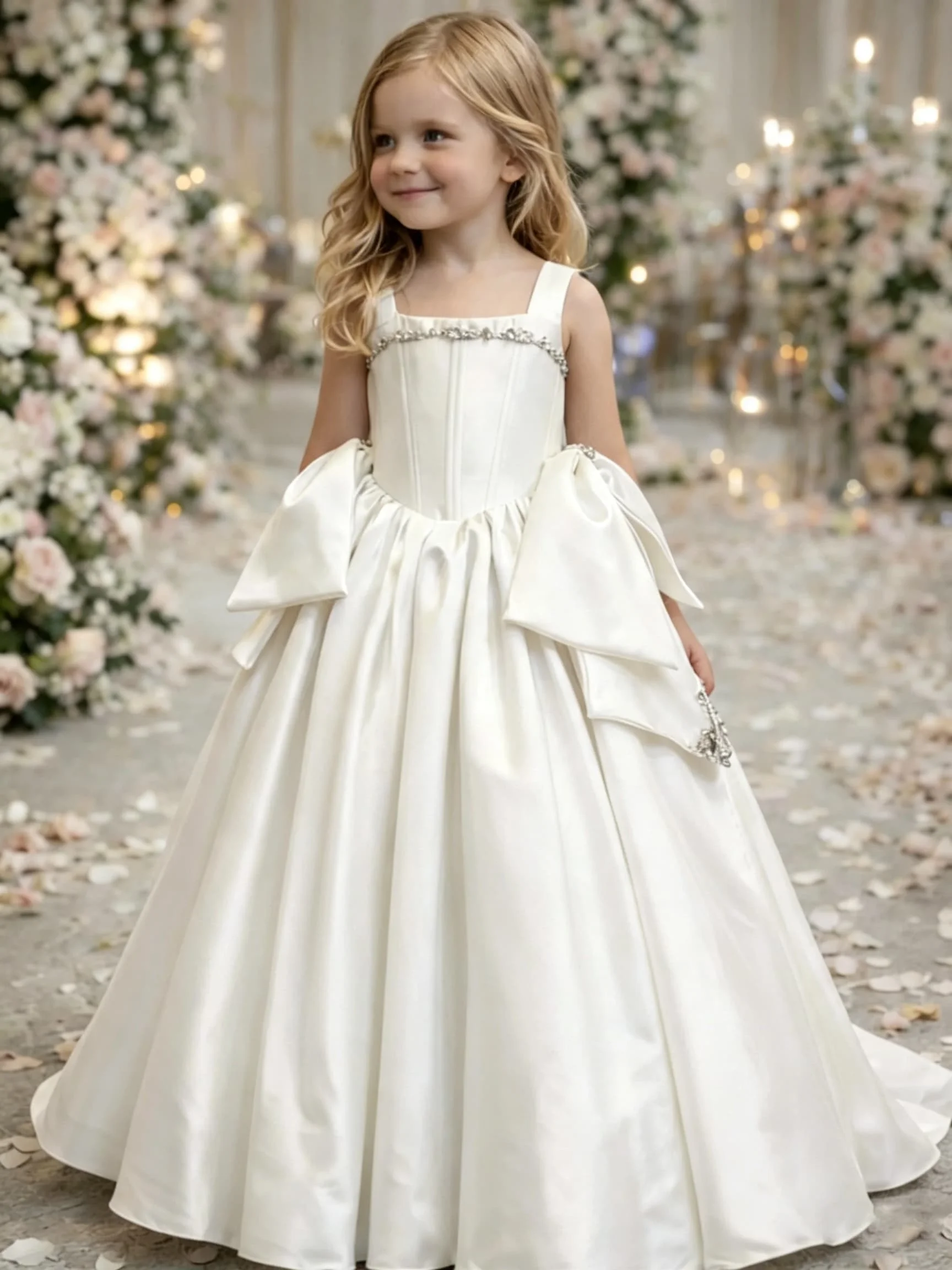 Maßgeschneidertes rosa Blumenmädchenkleid für Hochzeit, Schleife, Perlen, Perlenstickerei, ärmellos, bodenlang, Kindergeburtstag, Erstkommunionkleid – Detail 4