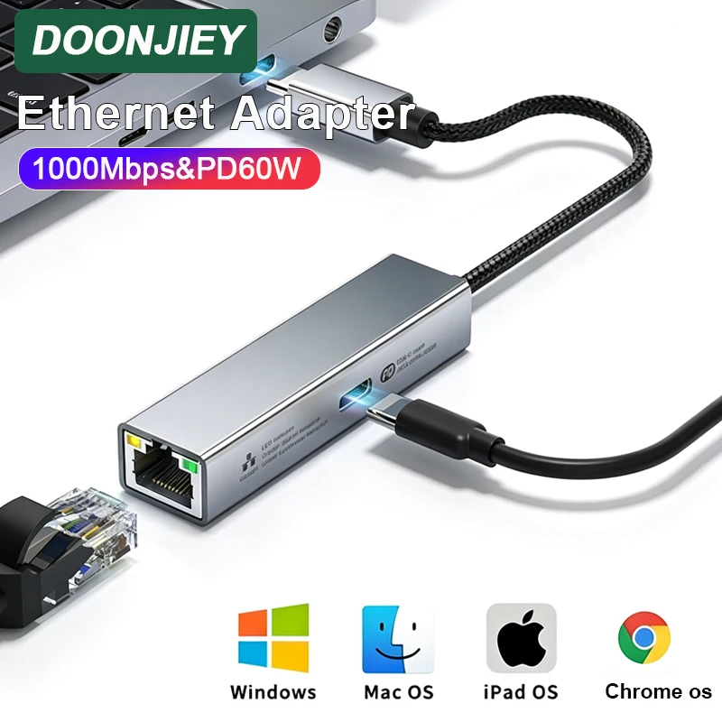 DOONJIEY Type-C to Ethernet Adapter Supports DP 60W Charging USB C to 1000M RJ45 Network Port Adapter For PC Notebook NAS Server