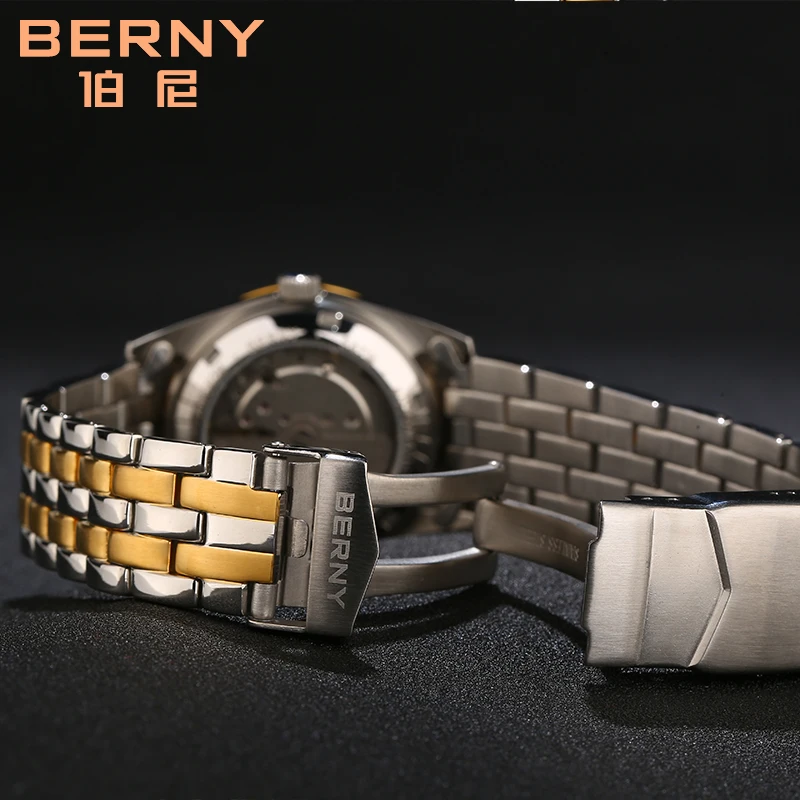 BERNY-reloj mecánico de lujo para mujer, pulsera con bobinado automático, cristal de zafiro dorado, resistente al agua, para negocios