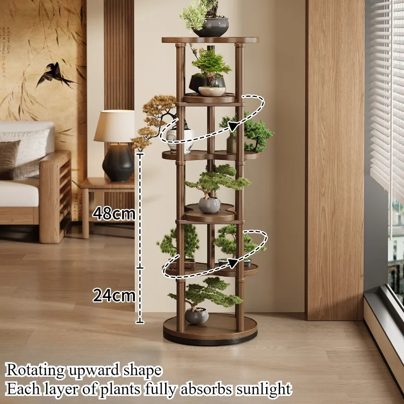 Floor-to-ceiling round flower stand Space-saving rotating ladder shelf Living room balcony Green plant flower pot Light luxury