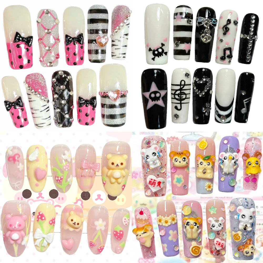 

Y2K Spice Girl Cartoon Rilakkuma Handmade Square Ellipse Fake Nails Kawaii Sunflower Diamond Hand-Drawn Bow Stars Press On Nails