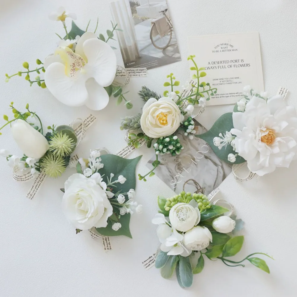 Boutonnieres de rosa marfim para homens, baile de casamento, flor de rosa artificial para noivo, boutonniere para festa, dia dos namorados
